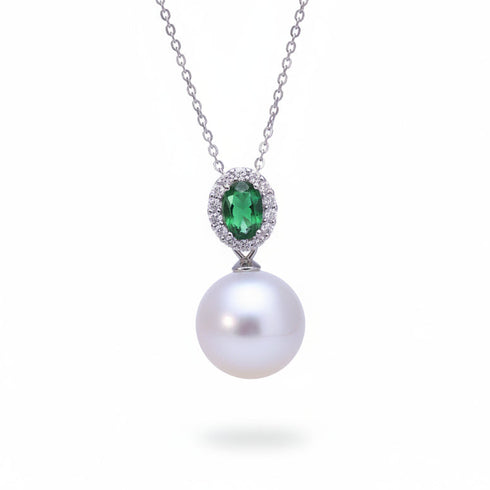 Necklace with 11-12mm freshwater pearl pendant and green gem, halo of crystals, House of Pearls-JT