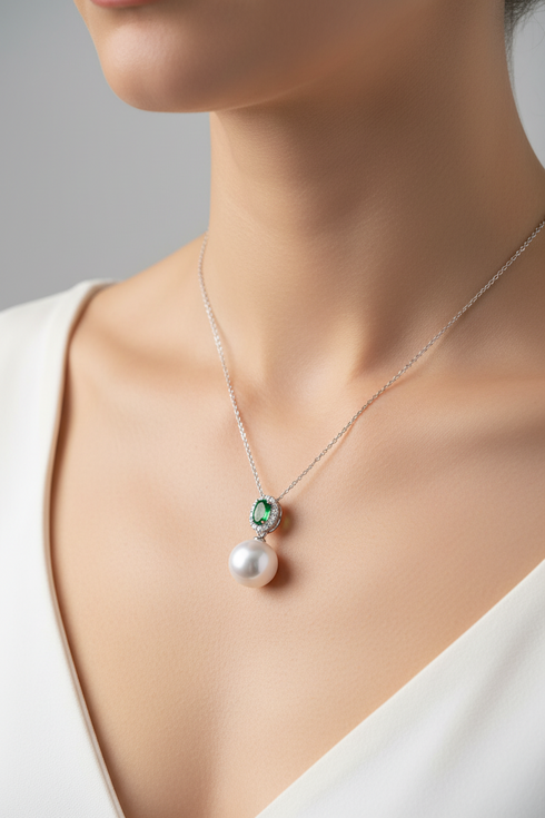 Pearl pendant necklace with 11–12mm freshwater pearl and emerald-green gem on a silver chain, House of Pearls-JT