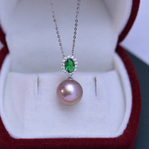 Pearl & Green Gem Pendant Necklace with 11-12mm pink freshwater pearl and emerald halo on a silver chain