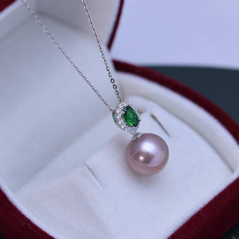 Necklace: 11–12mm freshwater pink-lavender pearl pendant with green gem halo on silver chain, House of Pearls-JT