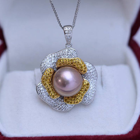 11-12mm Freshwater Pearl & Large Rose CZ Pendant Necklace - House Of Pearls
