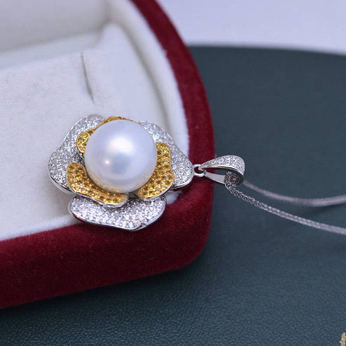 11-12mm Freshwater Pearl & Large Rose CZ Pendant Necklace - House Of Pearls