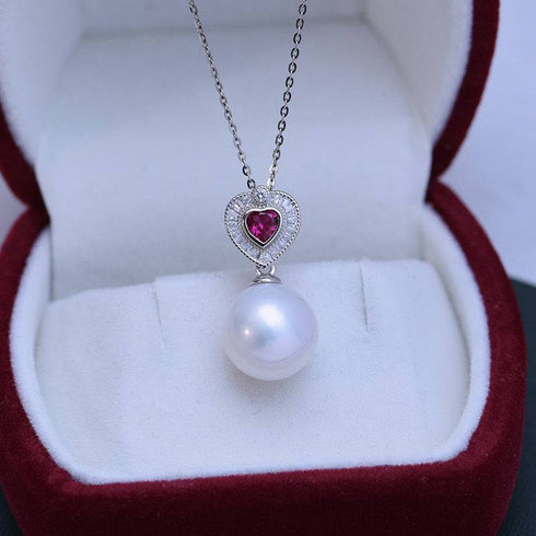 11-12mm Freshwater Pearl & Red Gem Heart Necklace - Necklaces made with hand-selected pearls from House of Pearls