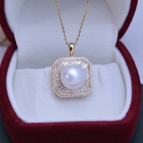 11-12mm Freshwater Pearl & Square CZ Pendant Necklace - House Of Pearls