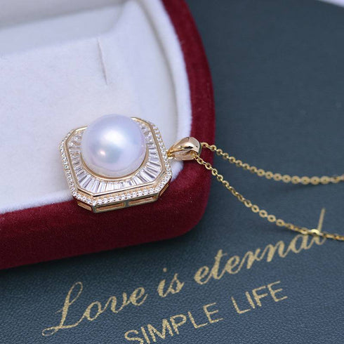 11-12mm Freshwater Pearl & Square CZ Pendant Necklace - House Of Pearls