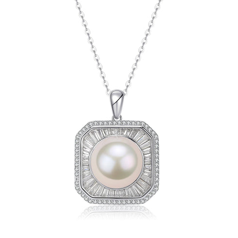 11-12mm Freshwater Pearl & Square CZ Pendant Necklace - House Of Pearls