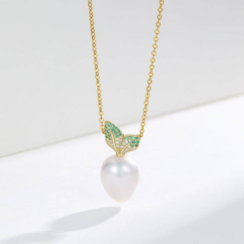 11-13mm Freshwater Baroque CZ Leaf Pendant Necklace - House Of Pearls