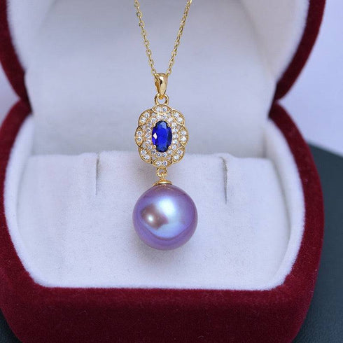 12-13mm Freshwater Pearl & Blue Gem Pendant Necklace - House Of Pearls
