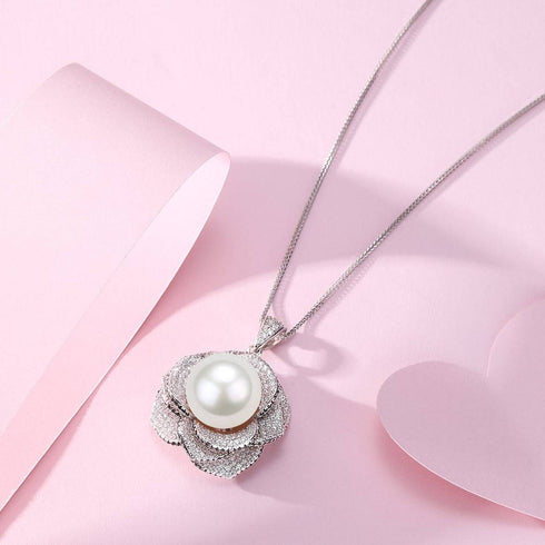 12-13mm Freshwater Pearls & Miya Floral Pendant Necklace - House Of Pearls