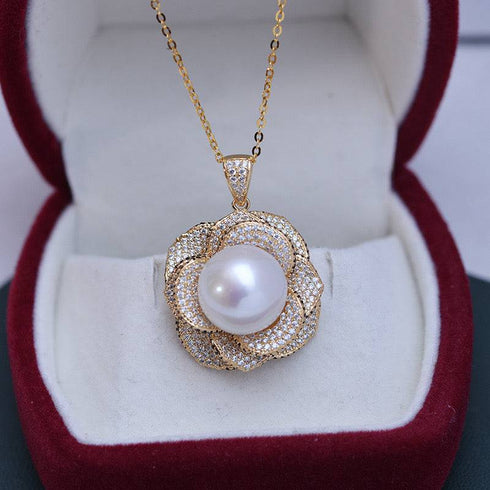 12-13mm Freshwater Pearls & Miya Floral Pendant Necklace - House Of Pearls