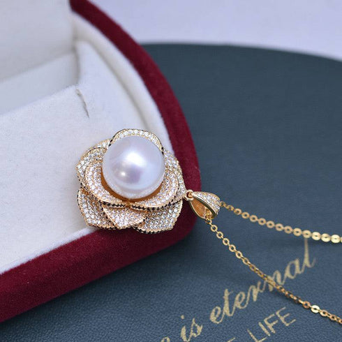 12-13mm Freshwater Pearls & Miya Floral Pendant Necklace - House Of Pearls