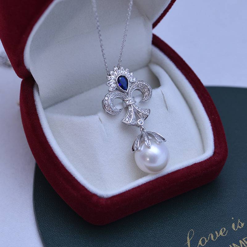 12-13mm Pearl & Vintage Cz Blue Gem Necklace 