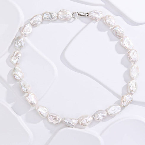 Flat Baroque Pearl Necklace with Heart-Shaped Silver Clasp - House Of Pearls