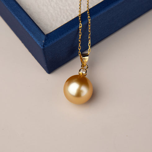 18K Gold Golden South Sea Pearl & Mary Pendant Necklace - House Of Pearls