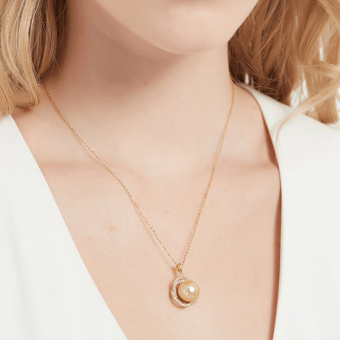 Golden South Sea Pearl 11.0-12.0mm & CZ Rose Pendant Necklace - House Of Pearls