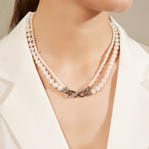 Dual Strand Two Size White Freshwater Flower Clasp Necklace - House Of Pearls