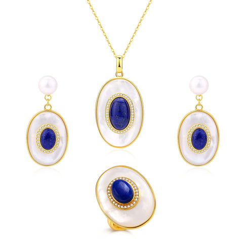 Blue Lapis Lazuli Mother of Pearls Pendant Necklace Earrings( Purchase Individually) - House Of Pearls