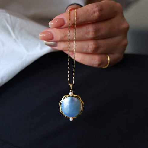 Blue mabe round pearl pendant necklace in gold vermeil by House Of Pearls LXP
