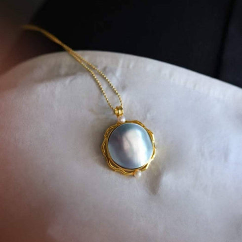 Blue Mabe Round Pendant Necklace Gold Vermeil - House Of Pearls