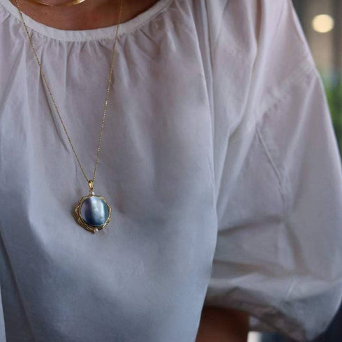 Blue Mabe Round Pendant Necklace Gold Vermeil - House Of Pearls