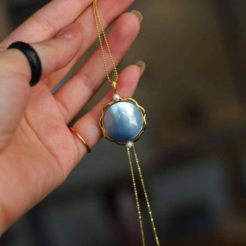 Blue Mabe Round Pendant Necklace Gold Vermeil - House Of Pearls