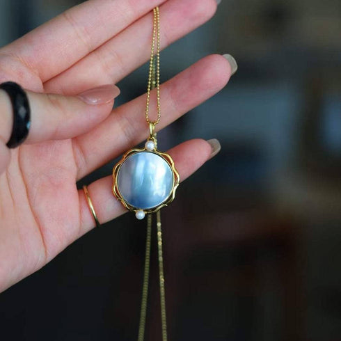 Blue Mabe Round Pendant Necklace Gold Vermeil - House Of Pearls