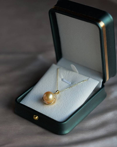 Golden South Sea Pearl 11.0-12.0mm & CZ Rose Pendant Necklace - House Of Pearls