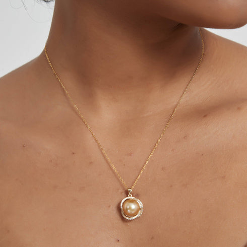 Golden South Sea Pearl 11.0-12.0mm & CZ Rose Pendant Necklace - House Of Pearls