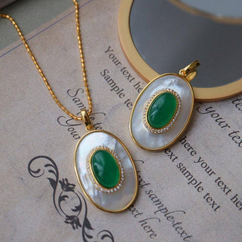 Green Onyx Mother of Pearls Pendant Necklace Gold Vermeil - House Of Pearls