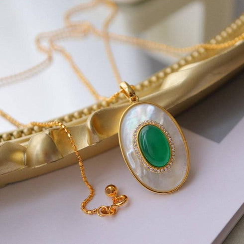 Green Onyx Mother of Pearls Pendant Necklace Gold Vermeil - House Of Pearls