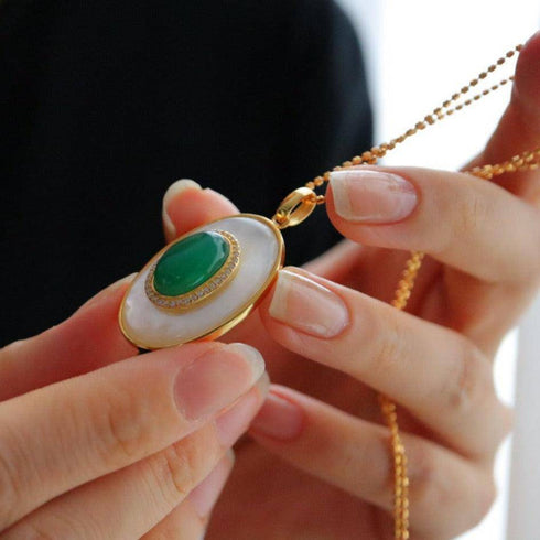 Green Onyx Mother of Pearls Pendant Necklace Gold Vermeil - House Of Pearls