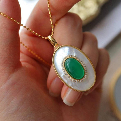 Green Onyx Mother of Pearls Pendant Necklace Gold Vermeil - House Of Pearls