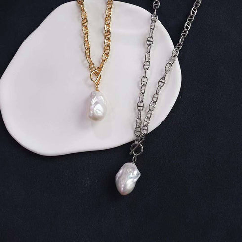 Bold Gold Chain Necklace with Large Baroque Pearl Pendant - Necklaces made with hand-selected pearls from House of Pearls