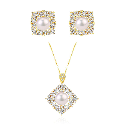 Square Pendant CZ White Freshwater Pearl Necklace Gold Vermeil - House Of Pearls