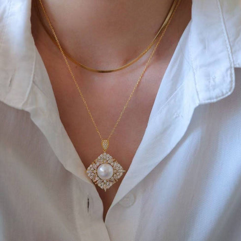 Two-necklace set with square pendant, white freshwater pearl, CZ accents on gold vermeil chains House Of Pearls LXP