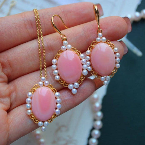 Princess Oval Pink Queen Conch Shell Pearls Earrings l Necklacel Set - House Of Pearls