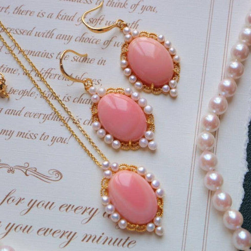 Princess Oval Pink Queen Conch Shell Pearls Earrings l Necklacel Set - House Of Pearls
