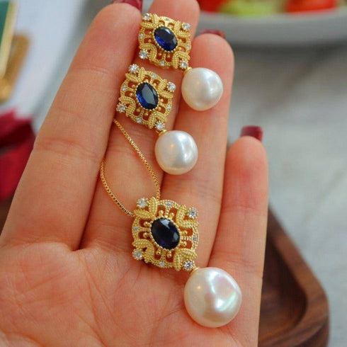 Sapphire Vintage Baroque Pearls Necklace Gold Vermeil - House Of Pearls