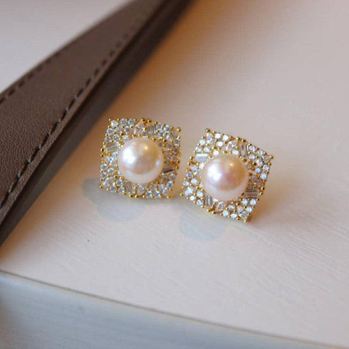 Gold vermeil square pearl stud earrings, pair, with pave crystal frame