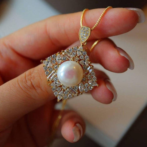 Square Pendant CZ White Freshwater Pearl Set - House Of Pearls