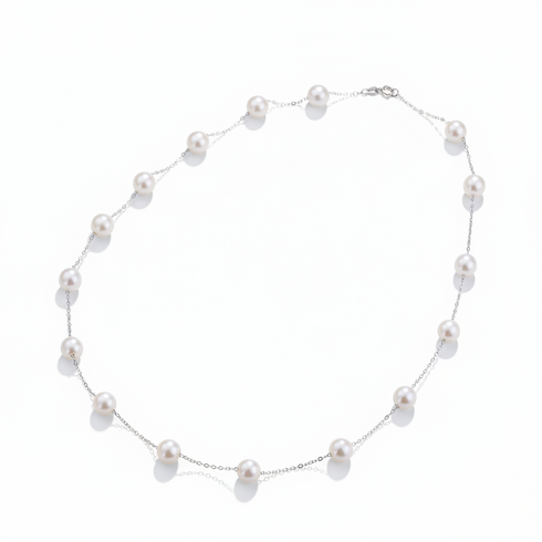 Freshwater pearl tincup necklace, 7–8mm white pearls on a silver chain by House Of Pearls