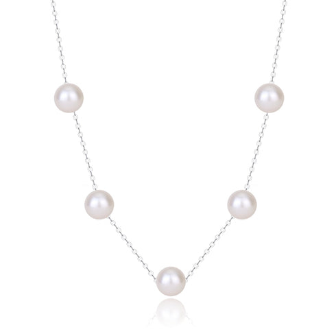 Pearl necklace with five white 7–8mm freshwater pearls on a silver-tone chain
