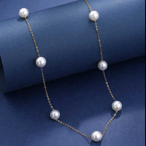 House of Pearls Seven Freshwater Pearl Tincup Necklace, white 7-8mm on 18K gold chain