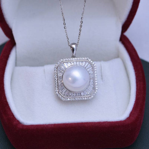 11-12mm Freshwater Pearl & Square CZ Pendant Necklace - House Of Pearls
