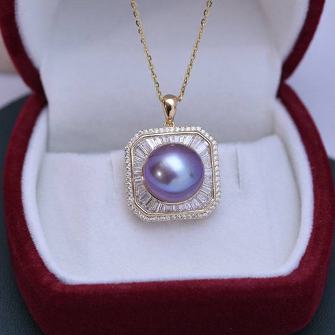 11-12mm Freshwater Pearl & Square CZ Pendant Necklace - House Of Pearls