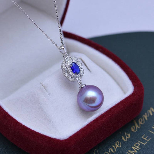 12-13mm Freshwater Pearl & Blue Gem Pendant Necklace - House Of Pearls