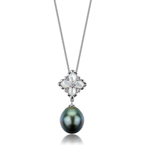 Tahitian Black Pearl Pendant Necklace with a flower-motif mother-of-pearl pendant and a green Tahitian pearl drop