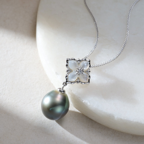 Floral Baroque Tahitian Pearl Pendant Necklace with silver-tone square charm and green Tahitian pearl drop