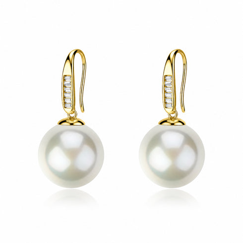 Two Edison Pearl Baguette Hook Drop Earrings, 13–14mm, gold setting with pearls, House of Pearls-JT