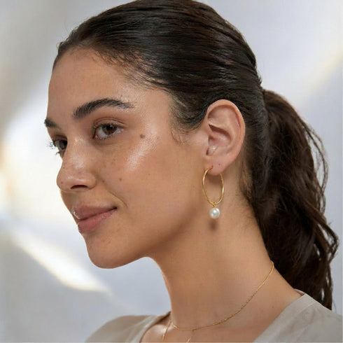 Earrings: freshwater pearl drop on large gold hoop, dangling style